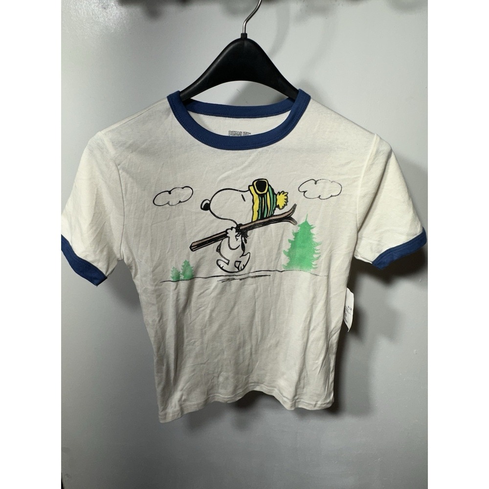 Peanuts Forever 21 Snoopy White Blue Graphic Ringer T-Shirt Women's Size S